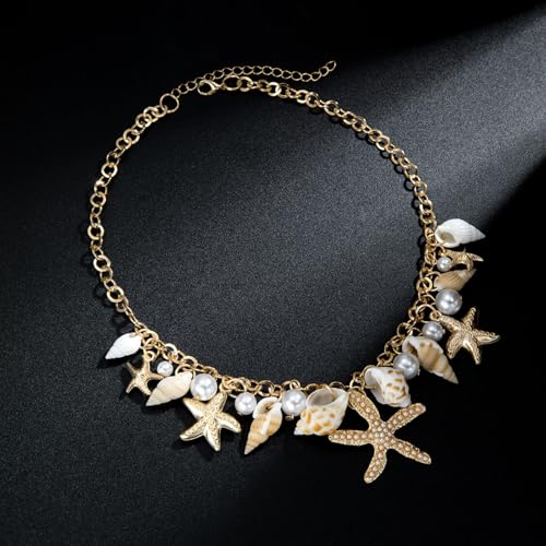 Spiritrain Handmade Starfish Seashell Pearl Bracelets for Women Gold Plated Bohemian Charm Sea Shell Couch Beads Adjustable Chain Anklet Bracelets Hawaiian Beach Holiday Mermaid Costume Jewelry Gifts - color: Gold jewelry set