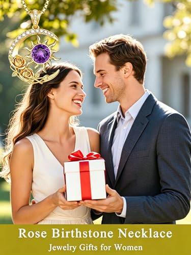 Midari 18K Yellow Gold Sun Moon Star Pendant Rose Flower Necklaces I Love You Forever Sun Moon Jewelry Gift for Mother Women - color: 02-Feb-Amethyst, style: Sun&Moon