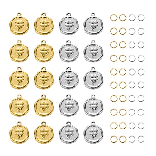 2 Colors Round Stainless Steel Charm for Jewelry Making 20pcs Lucky Clover Charms Bulk with Jump Rings - color: Clover Gold Silver