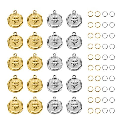 2 Colors Round Stainless Steel Charm for Jewelry Making 20pcs Lucky Clover Charms Bulk with Jump Rings - color: Clover Gold Silver
