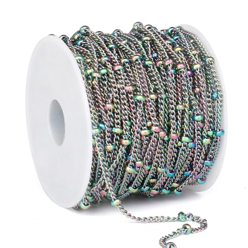 33FT 2mm Multicolor Satellite Curb Chains Roll Bulk for Jewelry Making | 304 Stainless Steel Rainbow Beaded Twisted Link Satellite Chain Spool for DIY Craft - color: Colorful Small Beads Satellite Curb Chain
