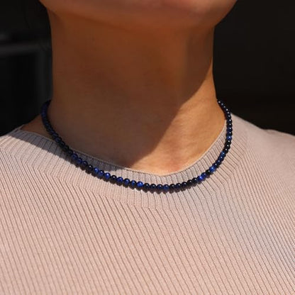 Simple 4mm Gemstones and Crystals Choker Necklace Unisex 16"-18" | Necklaces for Women Men, Adjustable, 40-45 cm Chain Length, Handmade, Spiritual Gemstones, Positive Energy, Daily Wear - style: Blue Tiger's Eye