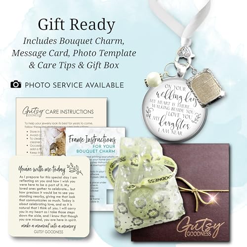 Bouquet Charm On Your Wedding Day Memorial Honoring Mom Dad Grandma Grandpa Meaningful Bridal Floral Jewelry Silver Finish Pendant Bride's Flowers Photo Frames Parent Grandparent - color: White Bead, style: My Daughter | 1 Frame