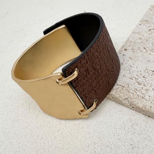 Leather Bracelet for Women Black Leather Golden Bracelet Bangle Chunky Leather Wrap Bracelet for Women Statement Jewelry Gift - style: Leather Bracelet