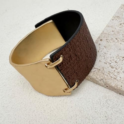 Leather Bracelet for Women Black Leather Golden Bracelet Bangle Chunky Leather Wrap Bracelet for Women Statement Jewelry Gift - style: Leather Bracelet