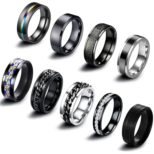 EIELO 9Pcs Stainless Steel Band Rings for Men Women Cool Fidget Spinning Chain Ring Anxiety Relief Fashion Simple Wedding Engagement Black Ring Set - color: Black