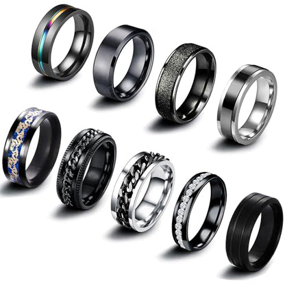 EIELO 9Pcs Stainless Steel Band Rings for Men Women Cool Fidget Spinning Chain Ring Anxiety Relief Fashion Simple Wedding Engagement Black Ring Set - color: Black