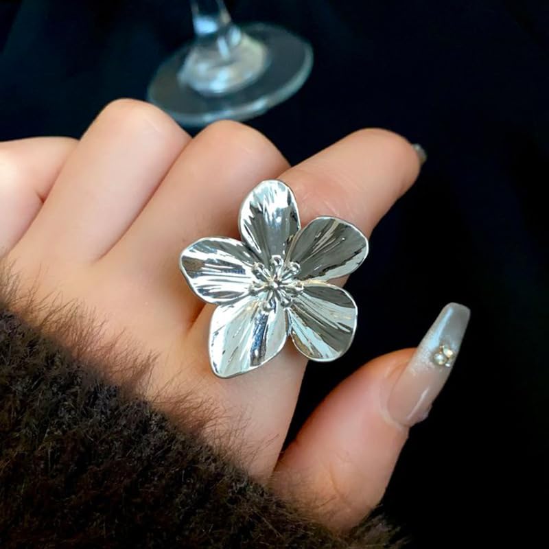 Gold Flower Ring for Women Trendy Silver Flower Statement Ring Adjustable Minimalist Rings Jewelry - color: Silver, style: Flower A