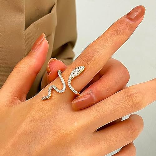 18K Gold Plated Rings for Women and Teen Girls Non Tarnish Cubic Zirconia Fidget Ring Butterfly/Snake/Mesh/Cross/Crown Knuckle Ring Open Adjustable Statement Stacking Chunky Rings - color: Snake