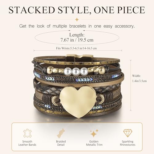 Edoneery Leather Wrap Bracelets for Women, Boho Layered Cuff Bangle | Multi-layer Leather Cuff, Daily wear, Stackable Bangle, Easy on-off, Western Jewelry Gifts for Women - color: Brown-1