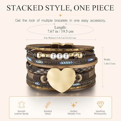 Edoneery Leather Wrap Bracelets for Women, Boho Layered Cuff Bangle | Multi-layer Leather Cuff, Daily wear, Stackable Bangle, Easy on-off, Western Jewelry Gifts for Women - color: Brown-1