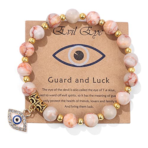 Evil Eye Bracelet for Women Men Natural Stone Beads Handmade Bracelet Inspirational Bracelet with Gift Message Card Kabbalah Protection Good Luck Jewelry Gift - color: Pink A