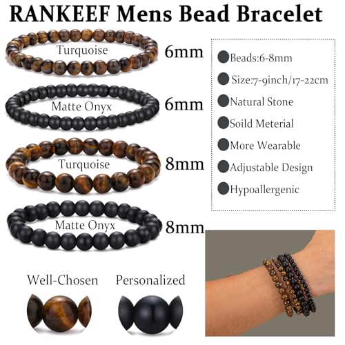 Mens Bead Bracelet Set - Adjustable Elastic Rope With 6&8MM Natural Stone Multi-Colored Beads - Tiger Eye Bracelets for Men - Gift - style: 4,tiger eye,black bracelet