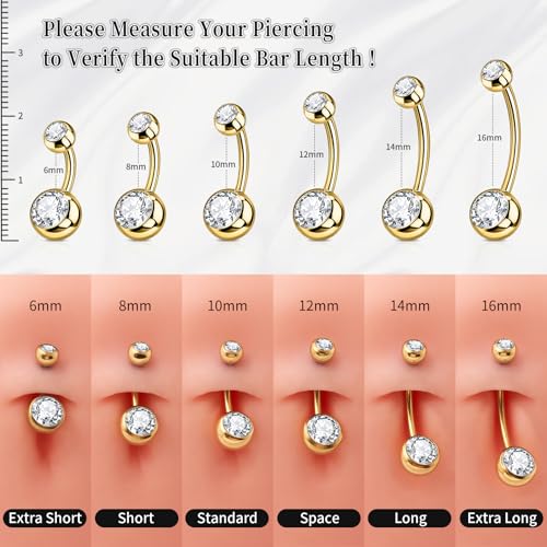 1PC/2PC/3PC G23 Titanium Belly Button Rings 14G 1.6MM Round Cubic Zirconia Belly Rings 6 Sizes of Length to Choose Navel Barbell Belly Piercing Jewelry for Women Men - color: Gold