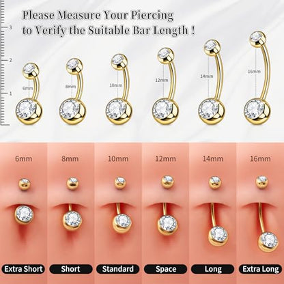1PC/2PC/3PC G23 Titanium Belly Button Rings 14G 1.6MM Round Cubic Zirconia Belly Rings 6 Sizes of Length to Choose Navel Barbell Belly Piercing Jewelry for Women Men - color: Gold