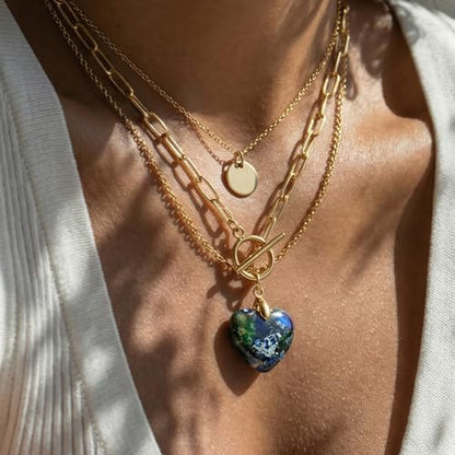 Puff Heart Healing Stone Necklace for Women, 14K Gold Plated Choker Paperclip Stainless Steel Chain, Colorful Natural Stone Boho Necklace Jewelry Gift for Women - color: Blue Stone-Gold