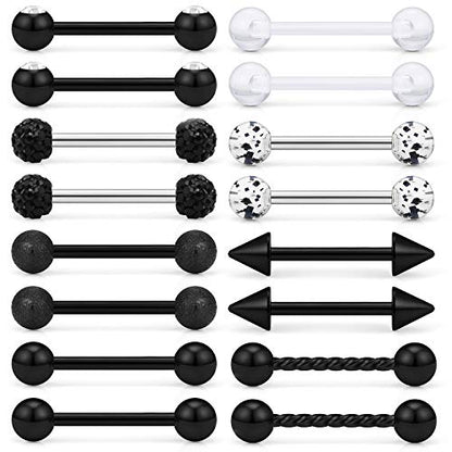 SCERRING 8 Pairs 14G Stainless Steel Clear CZ Nipple Ring Tongue Straight Barbell Rings Bars Retainer Body Piercing Jewelry for Women Men 9/16Inch - color: 8 Pairs - Black