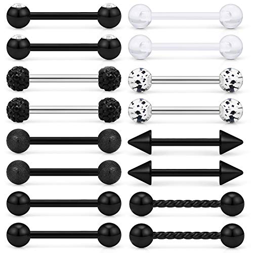 SCERRING 8 Pairs 14G Stainless Steel Clear CZ Nipple Ring Tongue Straight Barbell Rings Bars Retainer Body Piercing Jewelry for Women Men 9/16Inch - color: 8 Pairs - Black