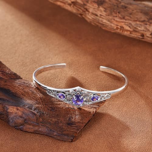 Genuine Amethyst Cuff Bracelet, 925 Sterling Silver Vintage Filigree Engraved Open Bangle Purple Gemstone Boho Jewelry February Birthstone Gift for Women - style: Style A