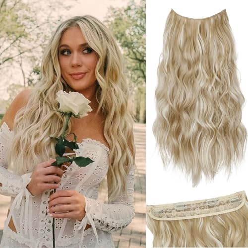 Beige Blonde Halo Hair Extensions with Light Blonde Highlights | 20 Inch Wavy Synthetic Fiber with Invisible Wire and 4 Secure Clips for Easy Daily Styling and Party Wear - color: Blonde Highlights