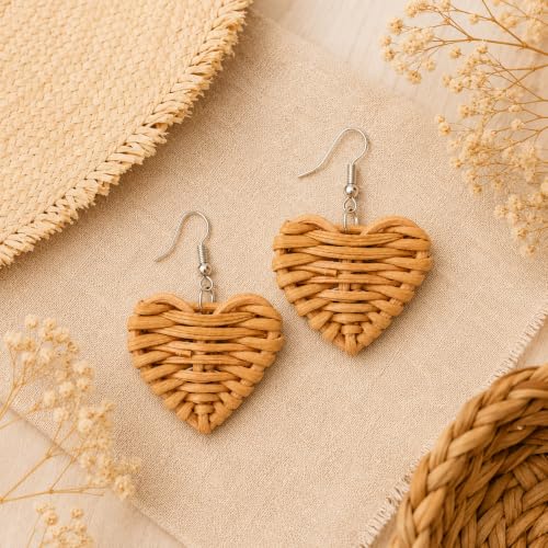Handmade Rattan Teardrop Dangle Earrings for Women, Lightweight Boho Woven Statement Earrings with Gold Fish Hook, Natural Straw Weave Vacation Jewelry for Summer Beach - style: Heart