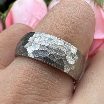 TUTISS 6mm 8mm Silver/Black/Gold/Rose Gold Hammered Tungsten Rings for Men Women Couple Fashion Jewelry Engagement Wedding Bands Domed Matte Finish Comfort Fit - color: 8mm Silver Tungsten