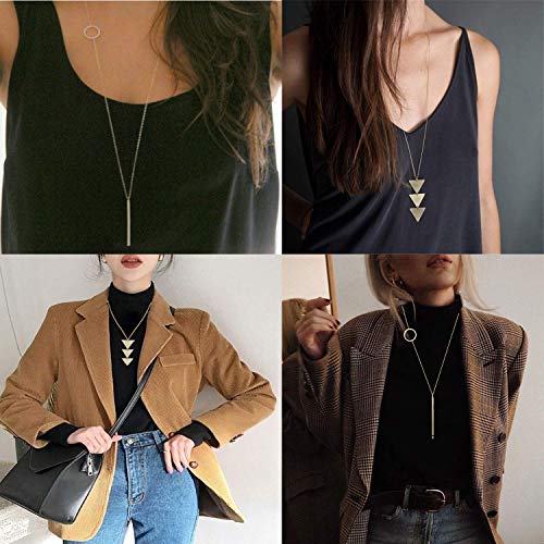 Fesciory 6 PCS Long Pendant Necklace for Women, Gold Bar Circle Leaf Triangle Tassel Y Necklace Set | Gold Plated Bar, Circle, Leaf, Triangle and Disc Pendant, Adjustable Fit, Long Necklace Jewelry Gifts for Loves - color: Set 2