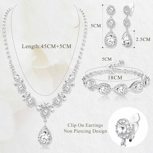 Jstyle Rhinestone Wedding Jewelry Sets for Brides, Brides Bridesmaid Sets | Non Tarnish Bridal Jewelry Set, Crystal Teardrop Pendants Necklace Bracelet,Clip On Earrings, Wedding Prom Jewelry Set - color: Silver Tone