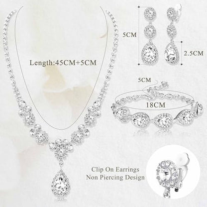 Jstyle Rhinestone Wedding Jewelry Sets for Brides, Brides Bridesmaid Sets | Non Tarnish Bridal Jewelry Set, Crystal Teardrop Pendants Necklace Bracelet,Clip On Earrings, Wedding Prom Jewelry Set - color: Silver Tone