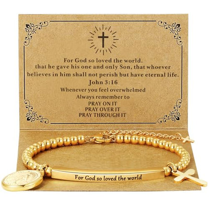 DS Inspirational Bracelet for Women Christian Engraved Bibler Verse Cross Butterfly Daisies Charm Bracelet, Exquisite Stainless Steel Jewelry Daughter Best Friend Bestie - style: For God so loved the world-Gold