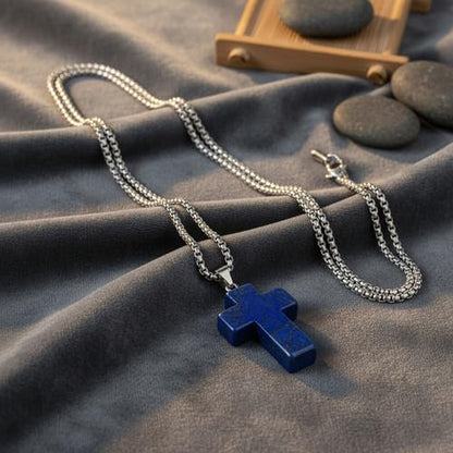 Justinstones 32mm Gemstone Carved Cross Reiki Chakra Pendant With Stainless Steel Necklace 22 Inch - color: Lapis