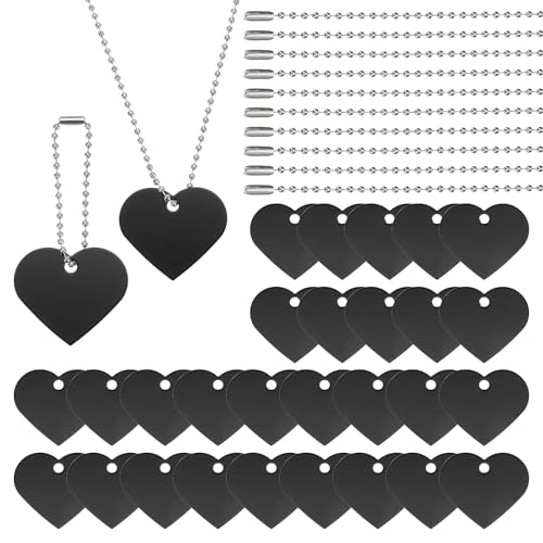 PATIKIL 60 Pcs Blank Dog Tags Set, Including 30 Pcs Aluminum Metal Stamping Heart Shape Label 30 Pcs Ball Steel Chain for DIY Decor Laser Engraving Necklace, Black - color: Black