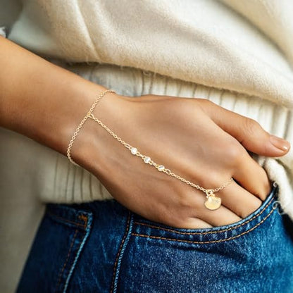 Emibele Gold Bracelets for Women, 18K Gold Plated Hand Chain, Cubic Zirconia Stainless Steel Non Tarnish Hand Chain Bracelet with Finger Ring, Adjustable Trendy Jewelry Valentines Day Gifts for Women - style: Shell Design