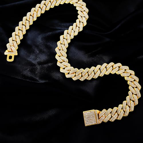 Mens Cuban Link Chain Iced Out Miami Cuban Necklace/Bracelet |14mm Silver & Gold Plated Chains | Bling Diamond Hip Hop Jewelry For Men Women - color: Yellow Gold, size: 16 inches