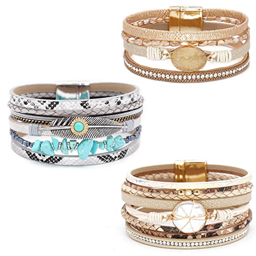 Leather Wrap Bracelet Set 3Pack Wrist Cuff Bracelet for Women Multilayer Magnetic Clasp Bracelet Feather Tree Bead Crystal Bracelet - color: Turquoise Pearl