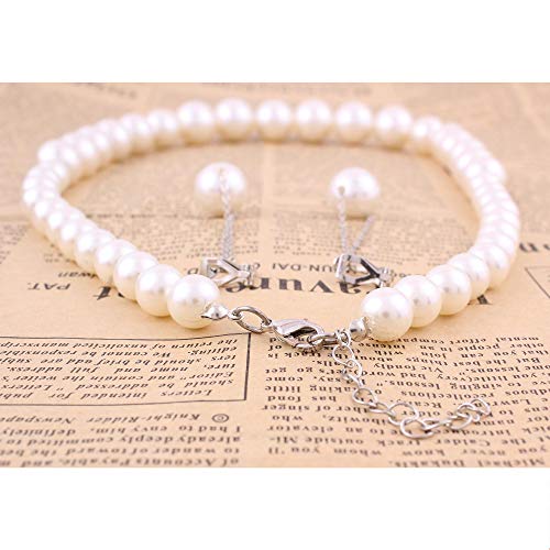 Handmade Faux Pearl Necklace and Clip on Earrings Jewelry Sets for Women Bib Choker Collar Necklace - color: White-Necklace+Tassel Clip Earrings
