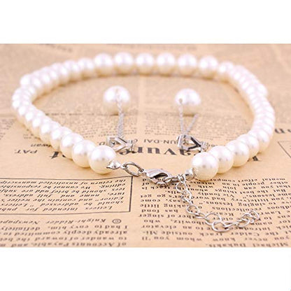 Handmade Faux Pearl Necklace and Clip on Earrings Jewelry Sets for Women Bib Choker Collar Necklace - color: White-Necklace+Tassel Clip Earrings