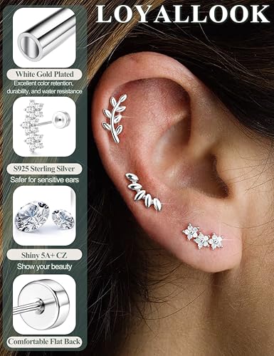 925 Sterling Silver Flat Back Stud Earrings for Women Hypoallergenic | 14K Gold Plated Cartilage Earrings for Sensitive Ears | Leaf Flower CZ Helix Tragus Piercing Jewelry - color: S-Leaf Style2