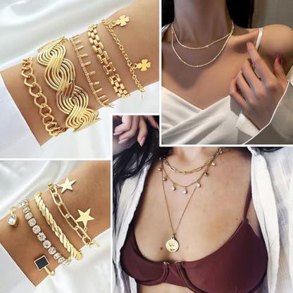 17IF 38-59 Pcs(9-8 Pack) Gold Plated Jewelry Set for Women With 8 Necklace 12 Bracelet 27 Ring 12 Pair Earring Hoop Simple Sparkle for Happy - style: Golden-38Pcs