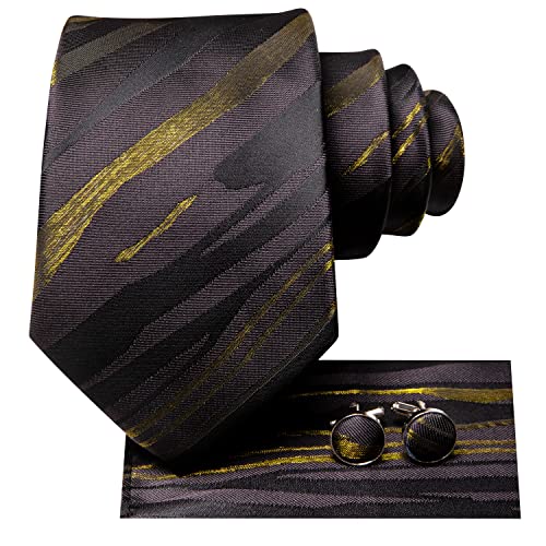 Dubulle Mens Paisley Striped Tie Woven Necktie for Men and Handkerchief Cufflinks Set Wedding Formal Business - color: Black Grey Gold