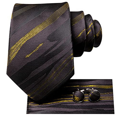 Dubulle Mens Paisley Striped Tie Woven Necktie for Men and Handkerchief Cufflinks Set Wedding Formal Business - color: Black Grey Gold