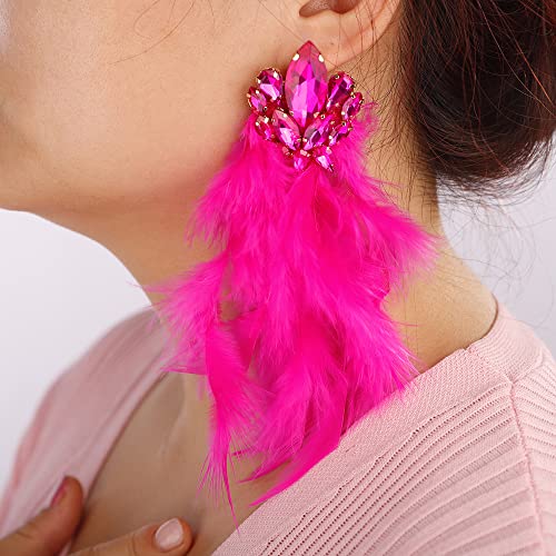 Denifery Long Feather Earrings Bohemian Earrings Multicolor Tassel Handmade Feather Earrings Dangling Earrings for Women (Rose Red) - color: Rose Red