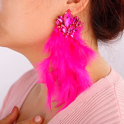 Denifery Long Feather Earrings Bohemian Earrings Multicolor Tassel Handmade Feather Earrings Dangling Earrings for Women (Rose Red) - color: Rose Red