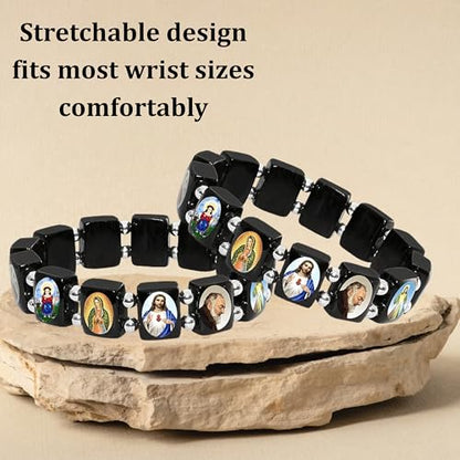 Catholica Shop Devotional Catholic Religious Wood Stretch Bracelets. Small and Large Panels with Assorted Images of Saints, Jesus and Mary. Unisex. Handcrafted in Brazil - style: Small Silver Tone