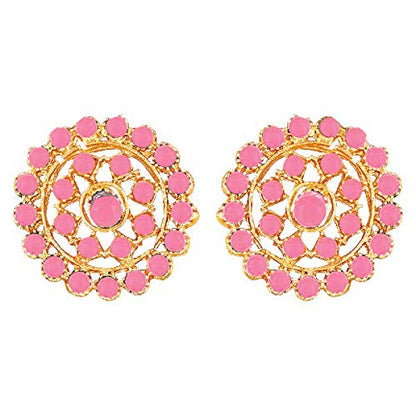 Aheli Pearl Diamond Choker Necklace & Round Earrings Gift for Women Indian Traditional Bollywood Fashion Bharatanatyam jewellery set - color: Pink