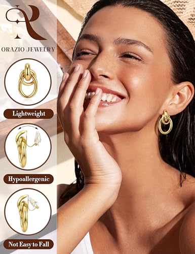ORAZIO Clip On Earrings Women Geometric Statement Unique Non Pierced Earrings 14K Gold Plated Knot Chunky Drop Dangle Hoop Stud Clip-on Earrings for Women Trendy - color: Style B-Gold Plated