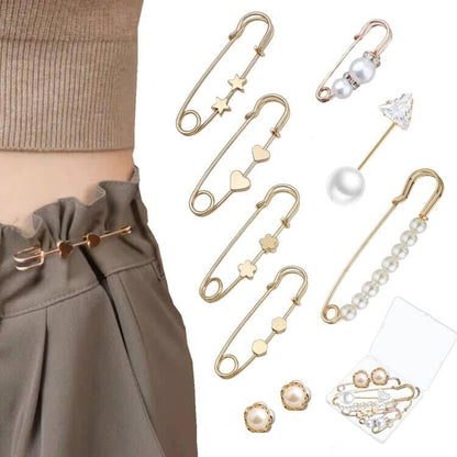 9 Pcs Fashion Pearl Brooch, Safety Pins for Clothes Sweater Shawl Clips Faux Pearl Rhinestones Brooches for Women Pants Extender Safety Pins - color: Gold