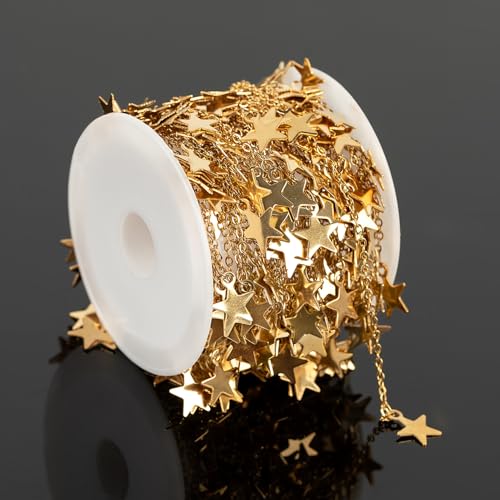 UMAOKANG 16.4 Feet Stainless Steel Gold Star Chain for Jewelry Making | Dangling Star Chains Bulk on Spool Solder Cable Link Chain PVD Gold Plated Permanent Jewelry Supplies - color: Gold Star