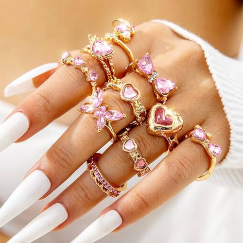 10pcs Sparkly Crystal Love Heart Ring Set for Women Adjustable Bowknot Butterfly Finger Ring Stackable Pink Rhinestone Heart Open Ring Jewelry Gifts - color: Gold