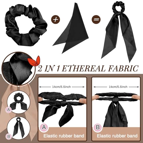 MTLEE 12 Pcs Hair Accessories for Women Hair Bows Scrunchies Scarf Ties Bunny Ears Silk Satin Scrunchies Ribbons Scarf Ties with Bows for Women Lady(Black) - color: Black